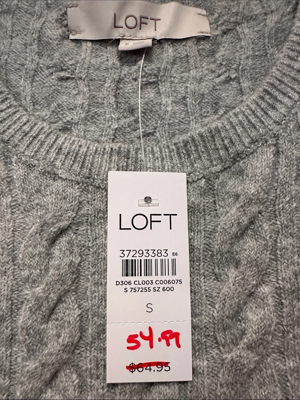 LOFT Light Gray Cable-Knit Crew Sweater size Small